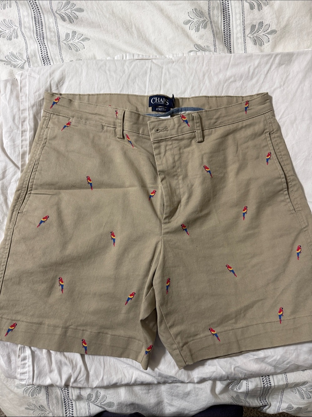 Chaps Khaki Shorts with Red and Blue Parrot Embroidery